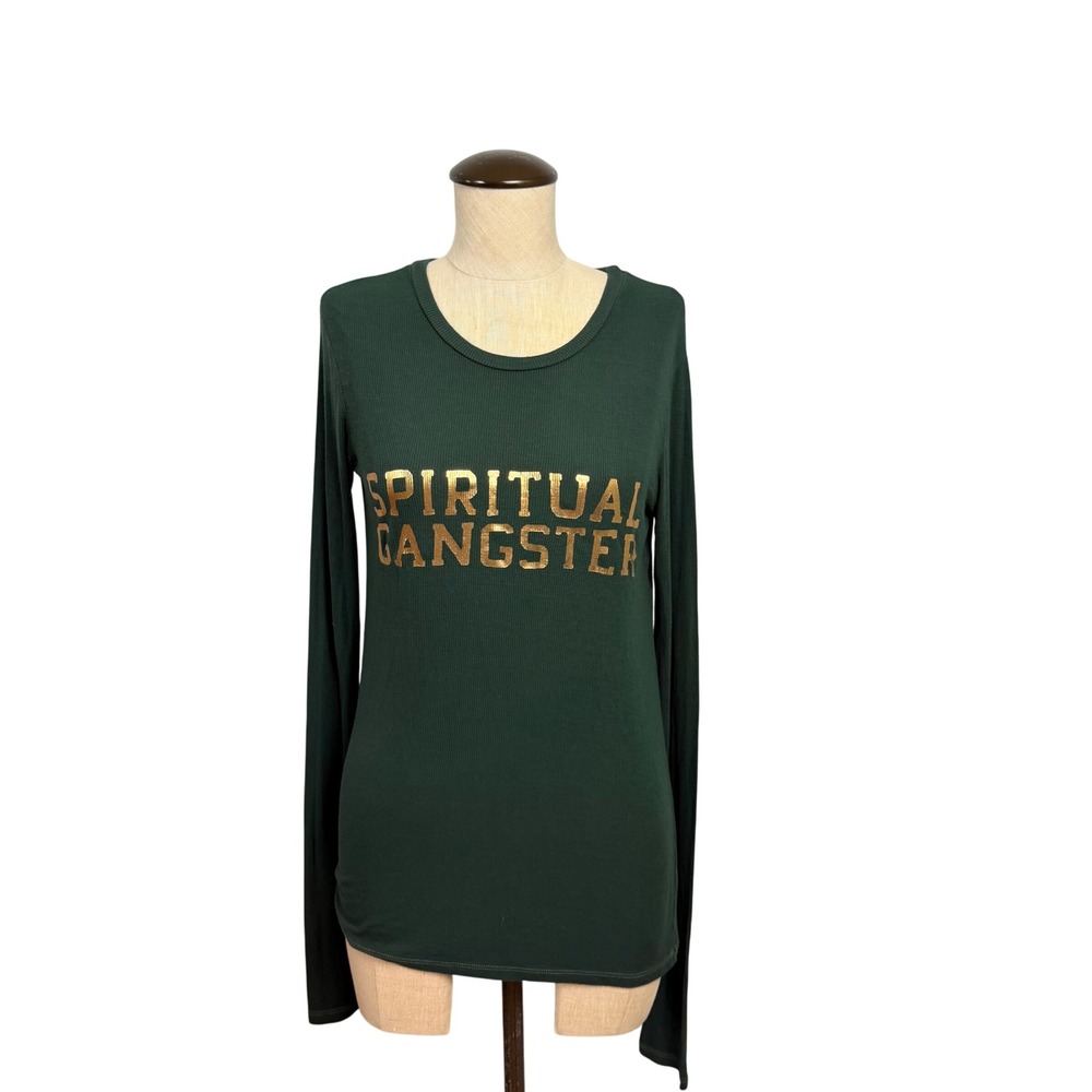 Spiritual Gangster Womens Small Green Gold Foil Ribbed Long Sleeve Top USA Made